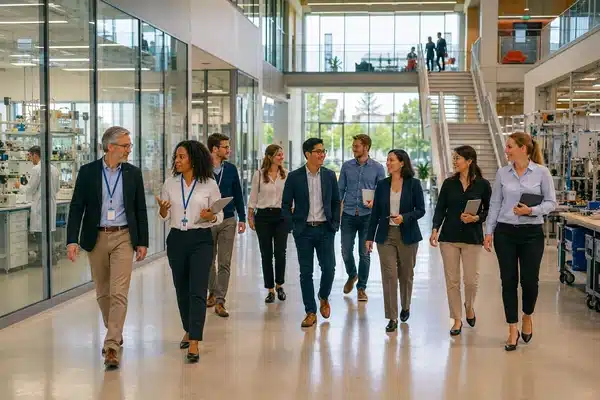 A diverse group of professionals walking through a modern technology and innovation laboratory.